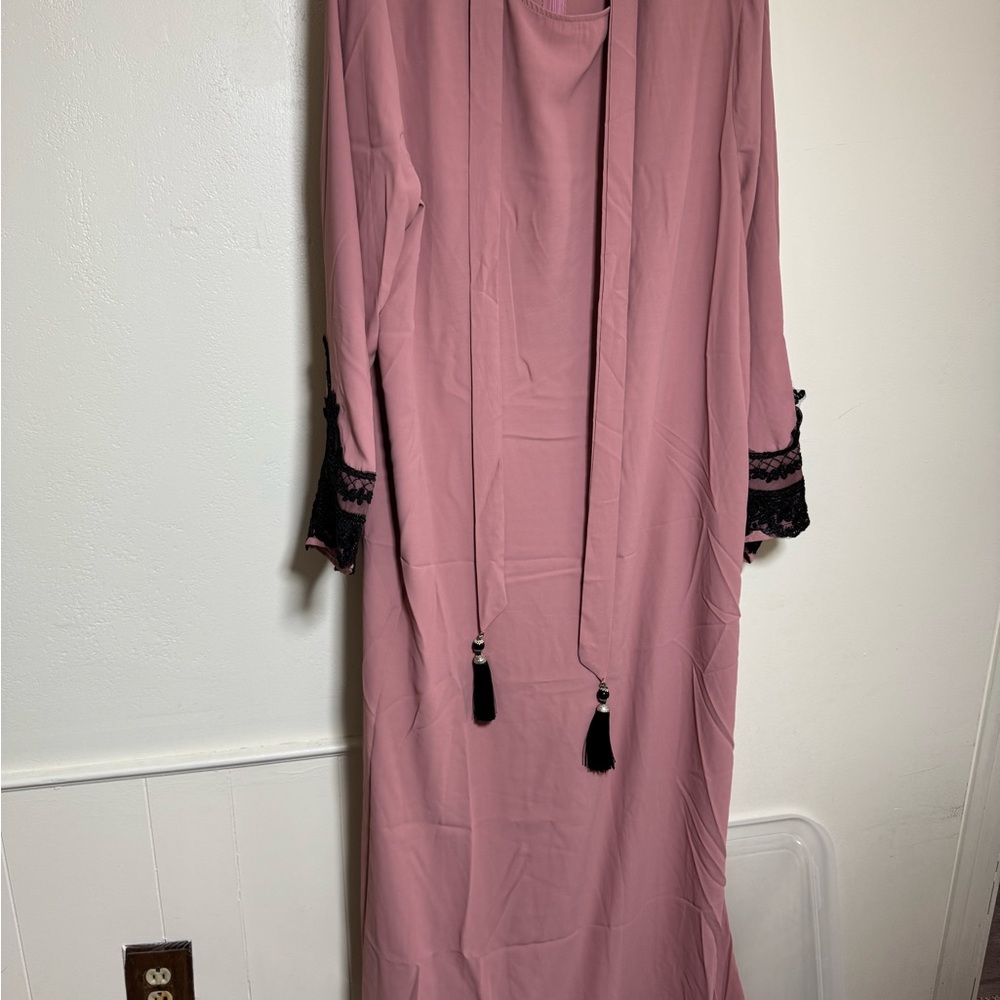 Elegant Pink Abaya Dress with Lace Accents